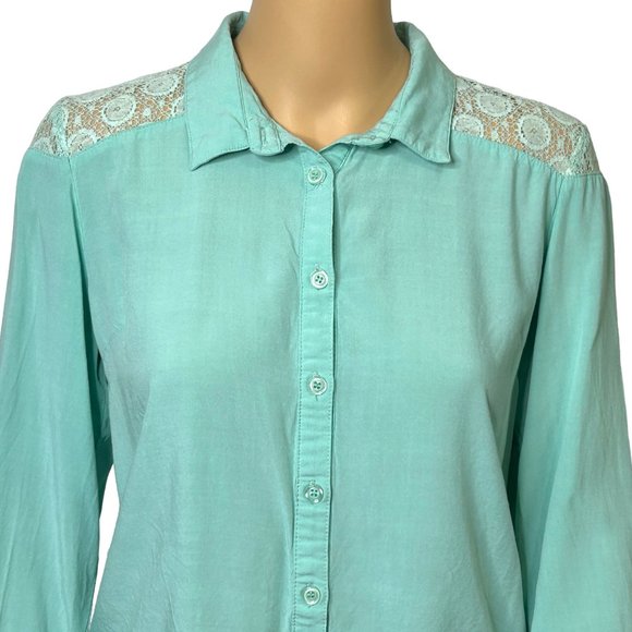 VTG Charlotte Russe Womens M Turquoise‎ Lace Long Sleeve Button Up Shirt Blouse - Picture 2 of 10